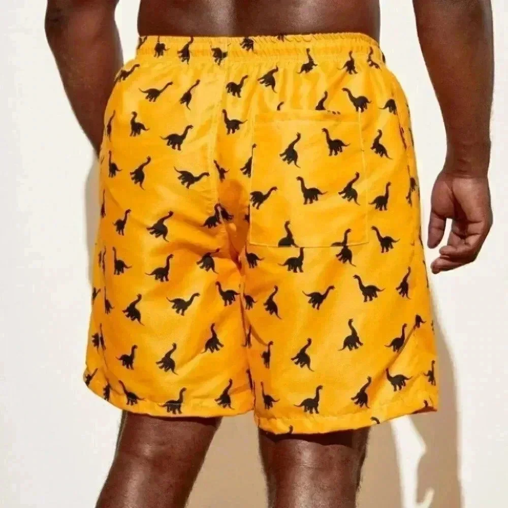 Yellow Vacation Style Men's Dinosaur Print Swim Trunks